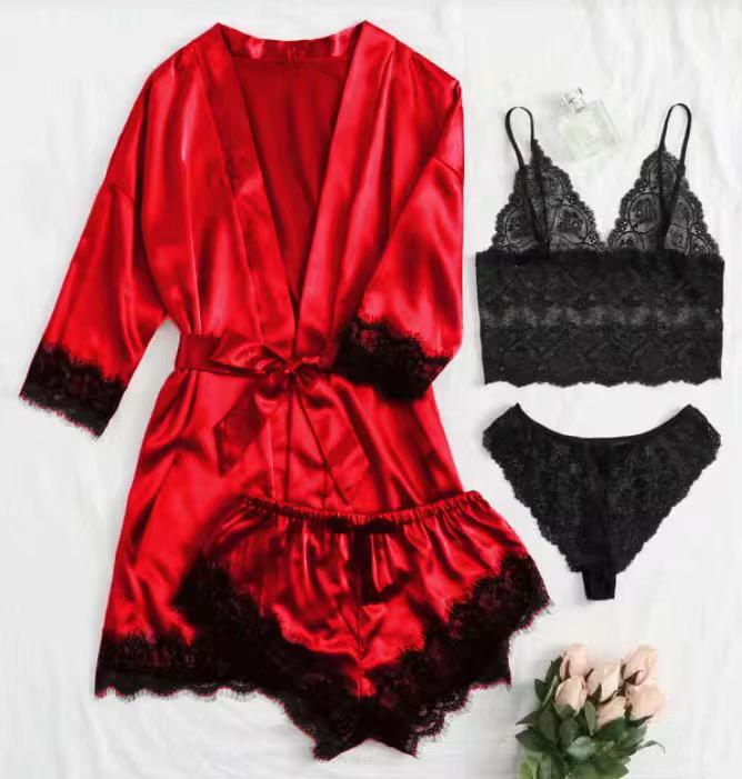 Set Lingerie Satin Bleu & Dentelle Noire – 4 Pièces | XS à XXL