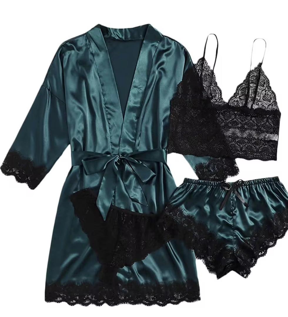 Set Lingerie Satin Bleu & Dentelle Noire – 4 Pièces | XS à XXL