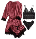 Set Lingerie Satin Bleu & Dentelle Noire – 4 Pièces | XS à XXL