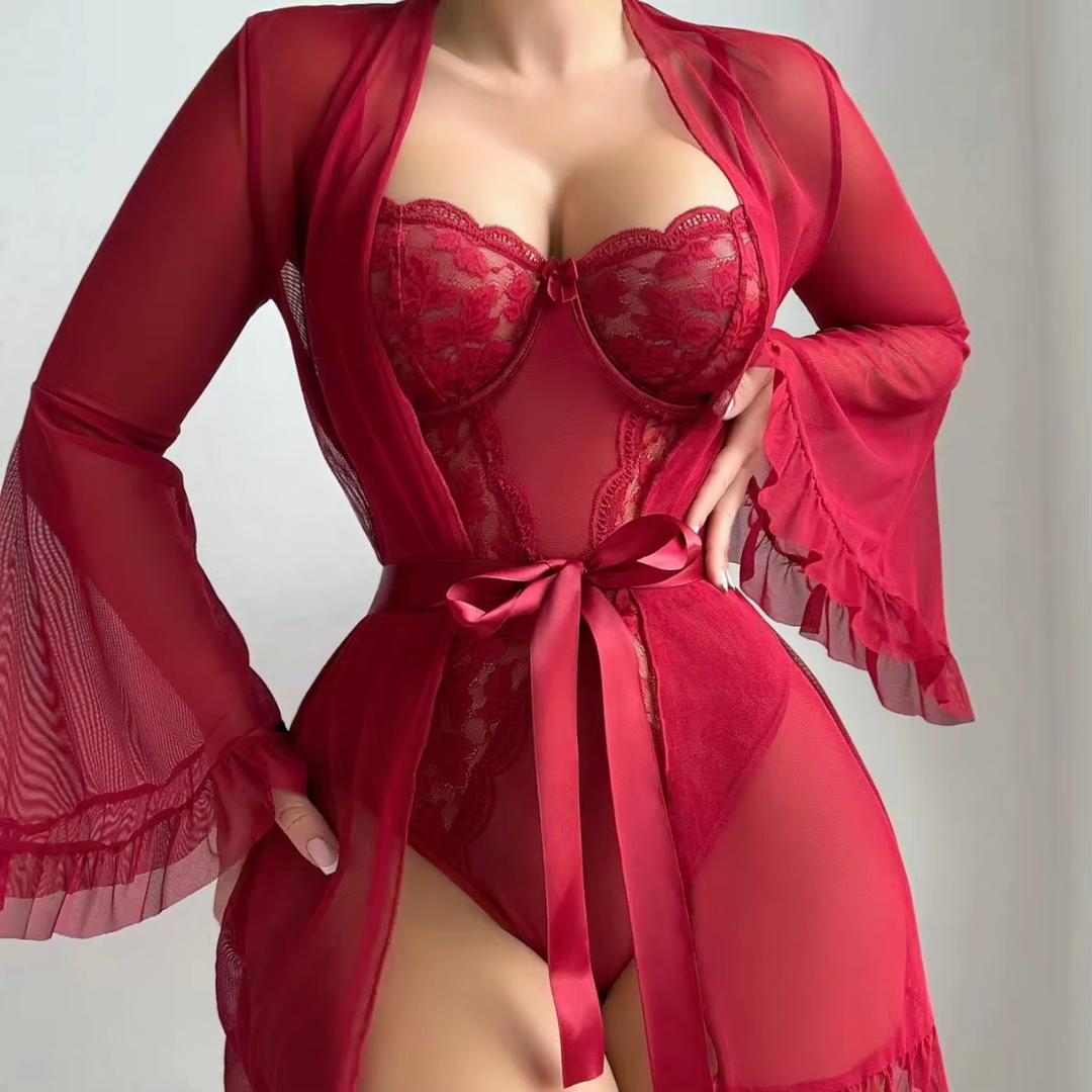 Peignoir Plumes & Body Dentelle – Noir & Rouge au Choix | XS à XXL