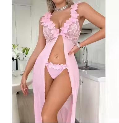 Robe Longue Rose Pétales 3D & Dentelle – Set Lingerie Romantique | XS à XXL