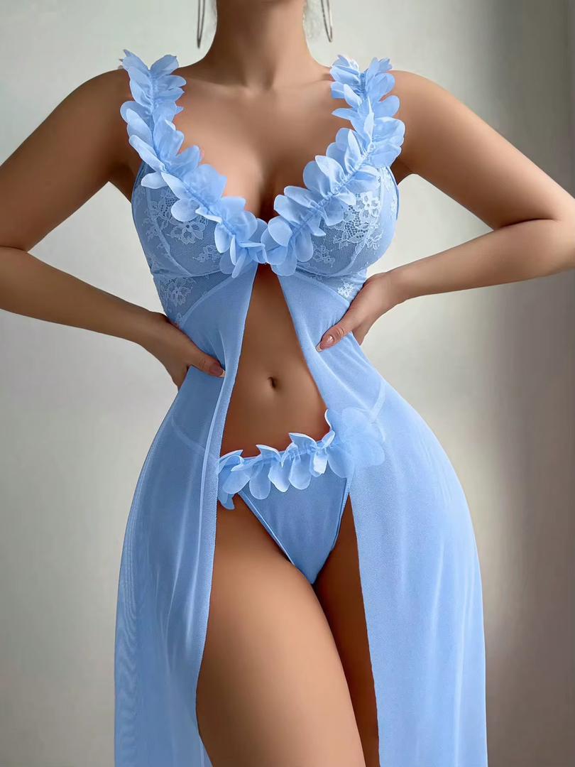 Robe Longue Rose Pétales 3D & Dentelle – Set Lingerie Romantique | XS à XXL