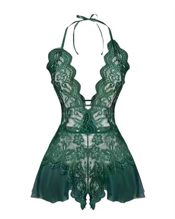 Body Dentelle Florale Halter – Vert Sapin & Lilas | XS à XXL