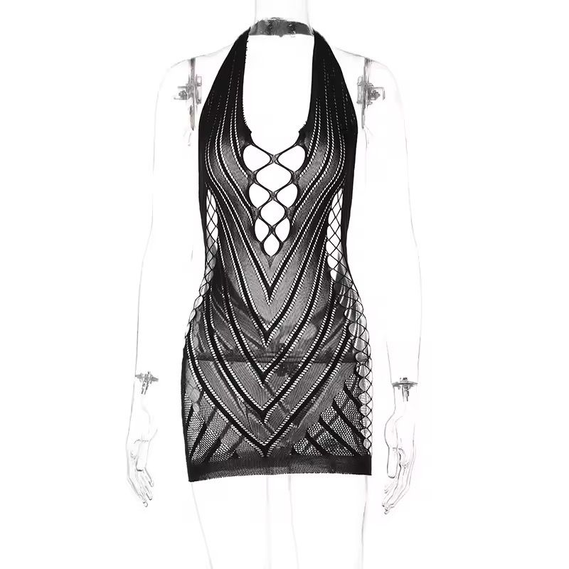 Mini Robe Filet Résille Halter – Noir & Bleu Royal | XS à XXL