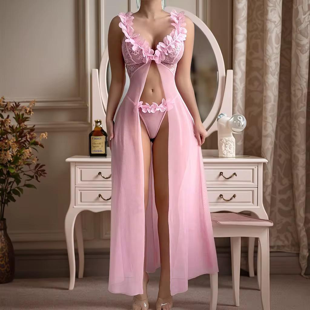 Robe Longue Rose Pétales 3D & Dentelle – Set Lingerie Romantique | XS à XXL